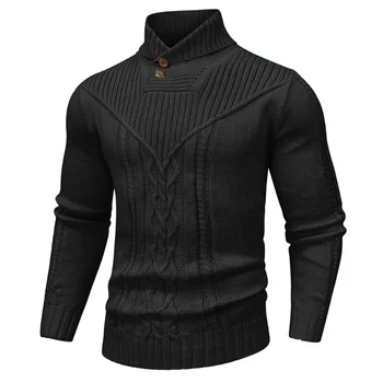 Men's Sweater Winter Shawl Collar Pullover Sweater Casual Cable Knit Button Sweaters Woolen Solid Color  Fleece Tops US Size