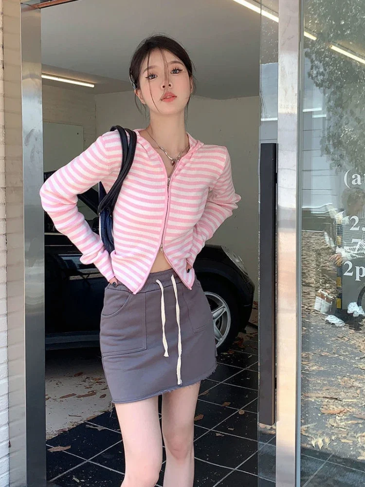 여성용 빈티지 스트라이프 가디건, 일본 니트 스웨터, 크롭 코트, 여성용 후드 더블 지퍼 가디건, Y2k 미적, 2024 핑크