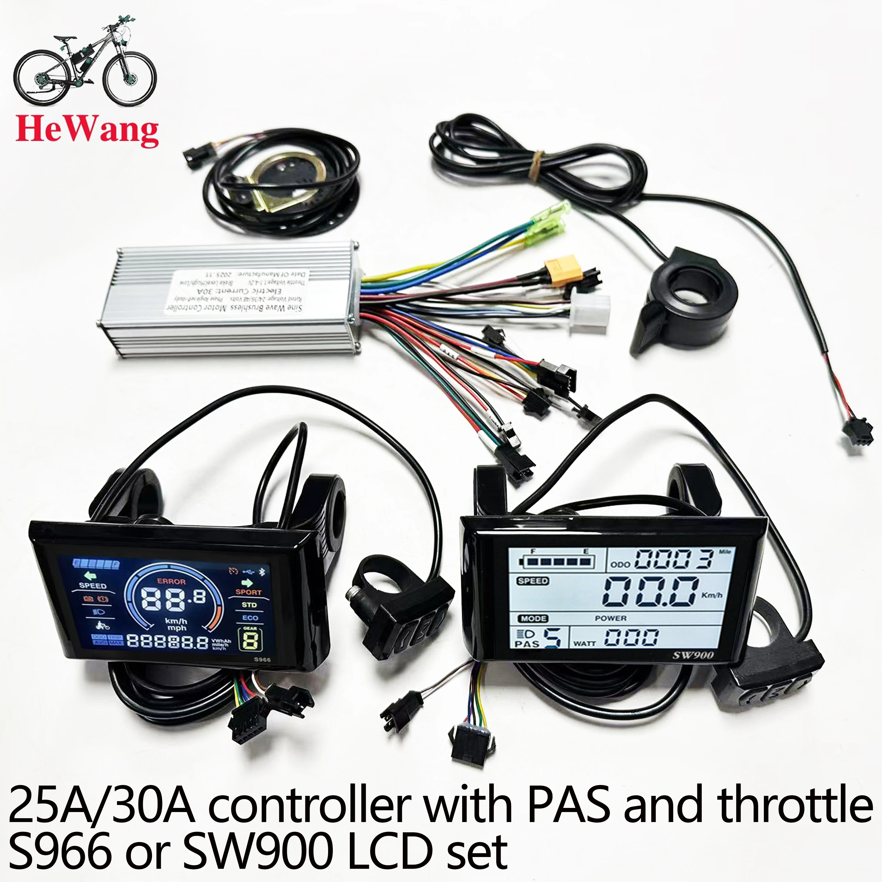 E-bike 25A/30A Brushless Motor Controller 24V 36V 48V 350W-1000W and S966/ SW900 LCD With PAS Throttle Kit for E-Scooter rapir