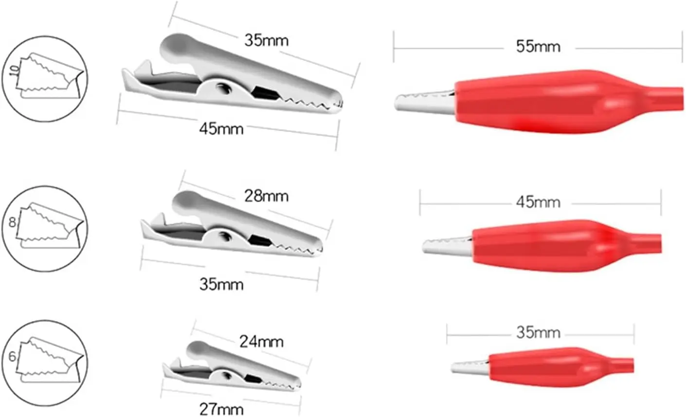 20pcs/lot 28mm 35mm 45mm Metal Alligator Clip Crocodile Electrical Clamp for Testing Probe Meter Black and Red with Plastic Boot