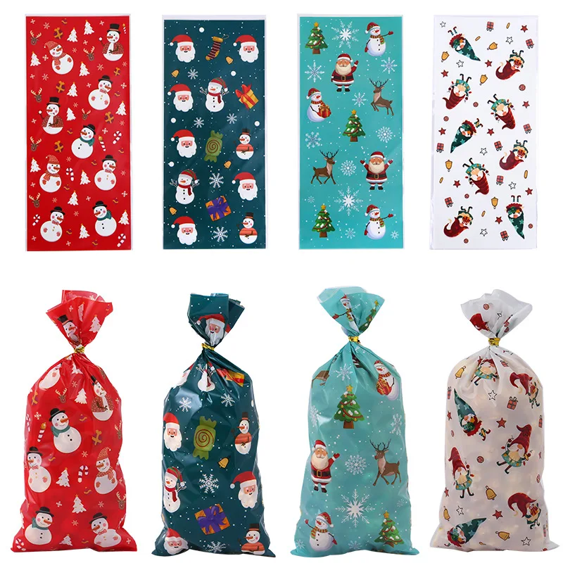 Christmas Gift Bags 50Pcs Merry Christmas Plastic Candy Cookie Bags Xmas Tree Snowflake Santa Claus Decorations