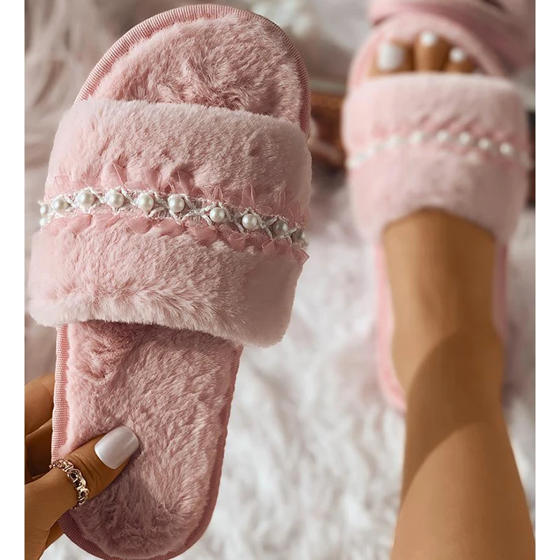 

2022 Winter New House Women Fluffy Slippers Faux Pearl Lace Edge Sexy Ladies Slippers Non-Slip Bedroom Girls Plush Shoes