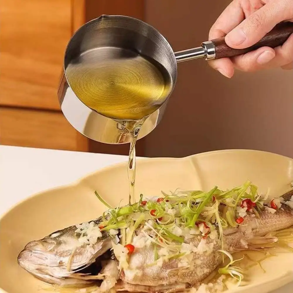 Mini Frying Pan Wooden Handle Milk Pan with Scale 304 Stainless Steel Small Sauce Deepen Spout Oil Pot Butter Melting