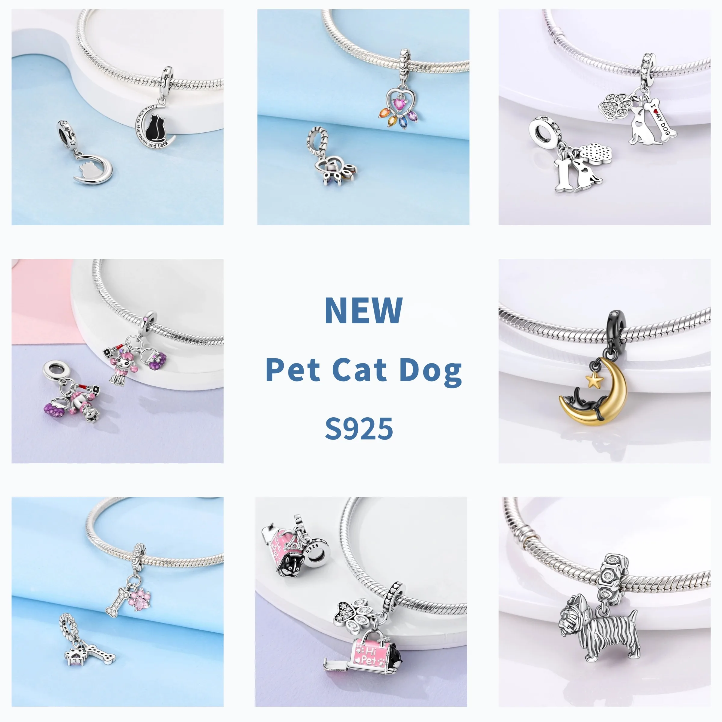 Pink Cat Paw Charms 925 Original Silver Blue Zircon Animal Black Cat Lovely Dog Charm DIY Fit Bracelet For Women Jewelry Gift 4