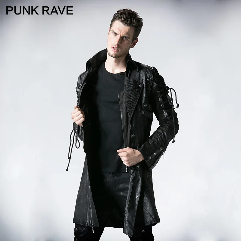 

Куртка мужская длинная в стиле панк-рейва, пальто из искусственной кожи в стиле милитари, готика, ретро, с разрезом, в западном стиле, Осень-зима