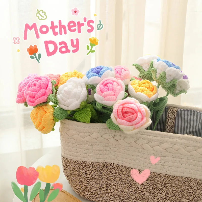 창의적인 손으로 짠 장미 꽃 양모 뜨개질 꽃다발, 홈 장식, 여자 친구 어머니 발렌타인 데이, 어머니의 날 선물, 1PC
