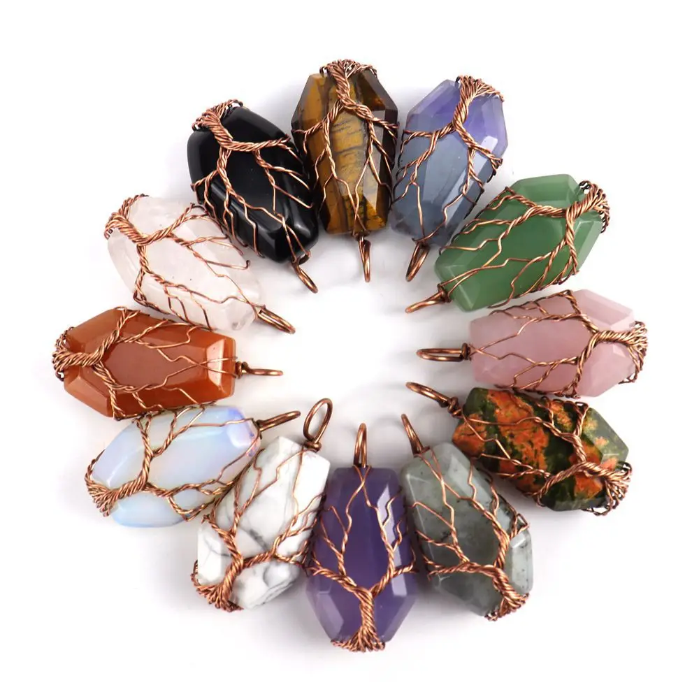 

Wire Wrapped Coffin Fortune Tree of Life Charms Natural Stone Pink Quartz Healing Crystal Amethyst Pendants For Necklace Making
