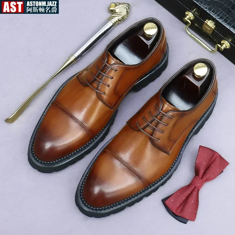 Retro Mens Dress Shoes Luxury Genuine Leather Platform British Trend Handmade Quality Comfortable Wedding Social Shoes Man