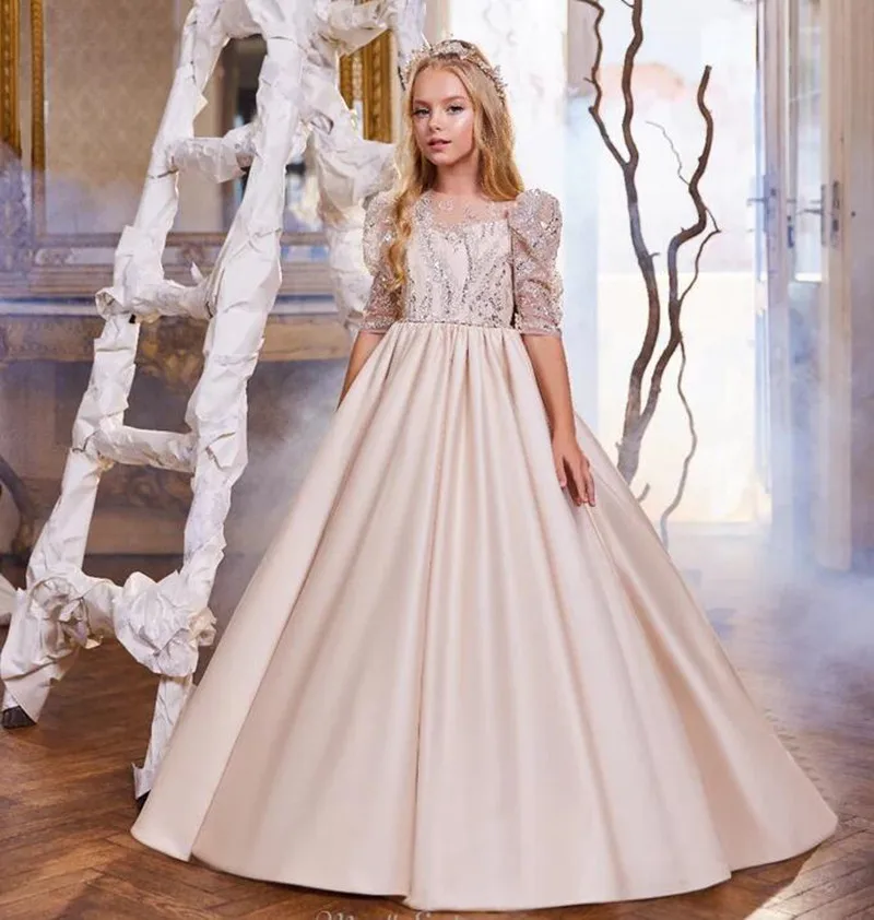 

Light Champagne Flower Girl Dress Lace Beads Gown Princess Birthday Party Gown Girls First Communion Dress