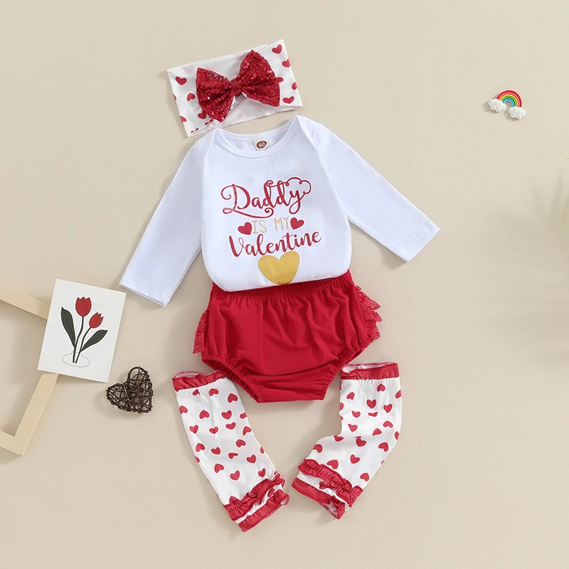 

SUNSIOM 5Pcs Infant Girl Valentine's Day Outfit Long Sleeve Romper with Lace Shorts and Leg Warmers Headband Clothes Set