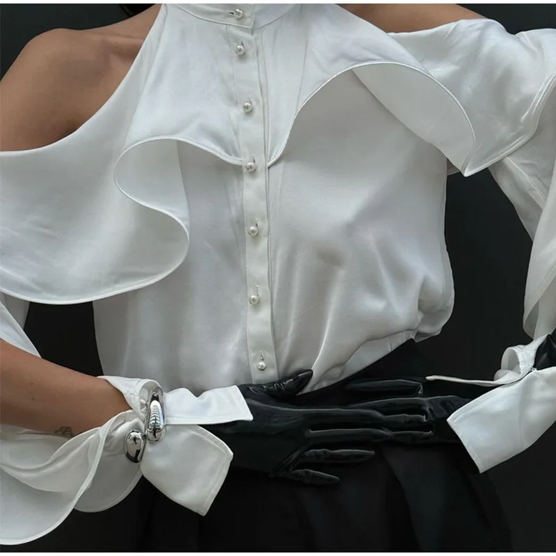 Elegant White Ruffle Halter Shirts Women Vintage Loose Hollow Out Single Breasted Blouses Female Autumn Chic High Street Tops