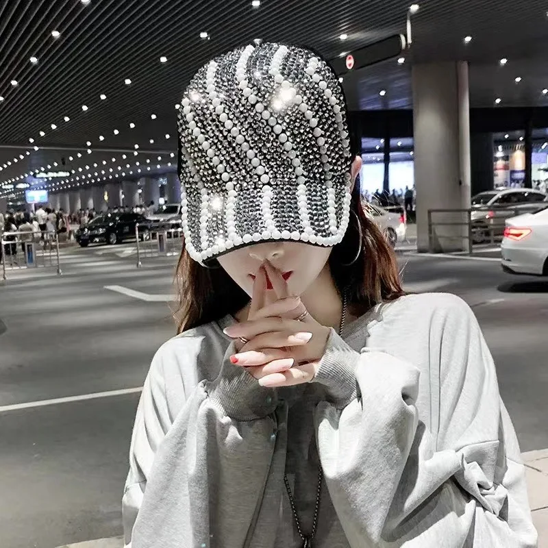 New Baseball Cap Women Full Rhinestone Beads Mesh Cap Street