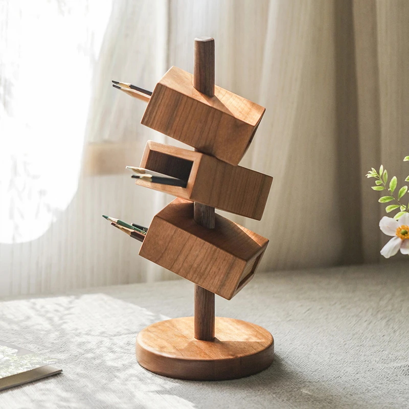 Solid Wood Slanted Pen Holder Multi-Layer Desk Organizer Retro Office Stationery rack Stylish Desktop Decoration for Workspaces