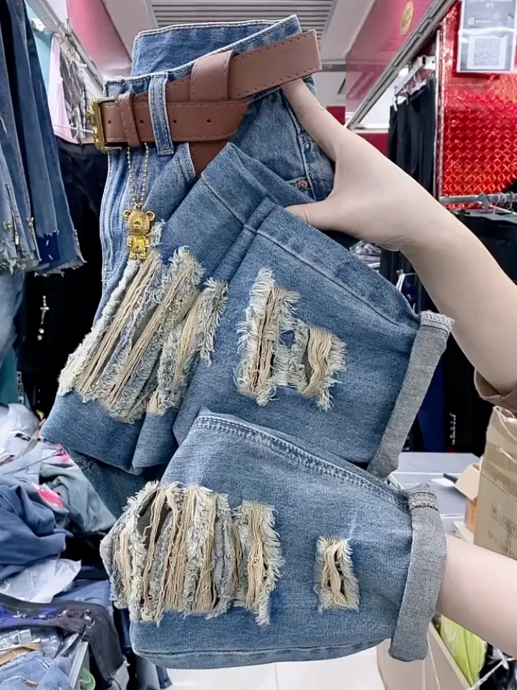 

Женские джинсы свободного покроя, прямые Асимметричные Брюки из денима в пол, с рваными дырками, Винтажный дизайн, хип-хоп