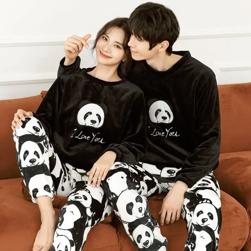 2024 new Autumn Winter sleepwear Couples' Flannel Long sleeved Pajamas Men Women Thickened Warm Coral Fleece Homewear set