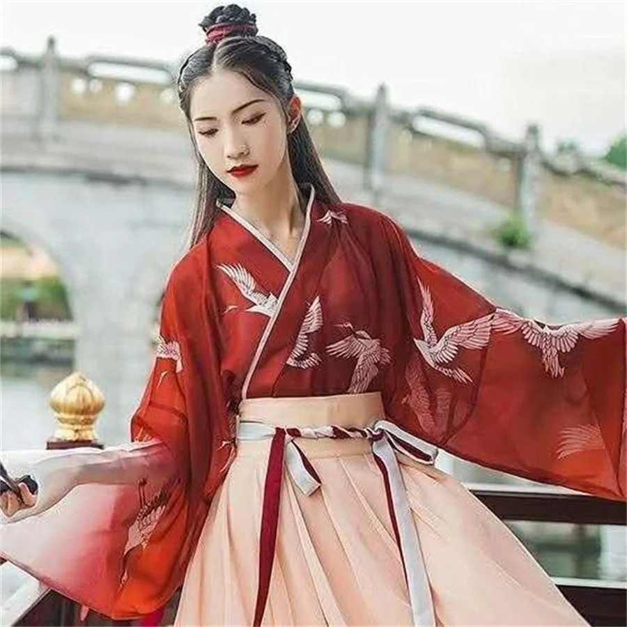 Retro Chinese Style Red Vestido Hanfu Dress Asian Cosplay Women China Traditional Skirt Long Kimono Kawaii Girls Party Skirt Set