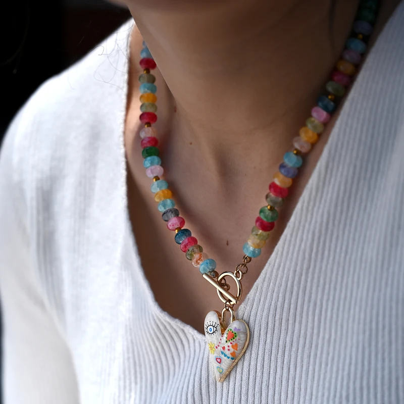 Colorful Glass Beads Heart Pendant Necklace for Women