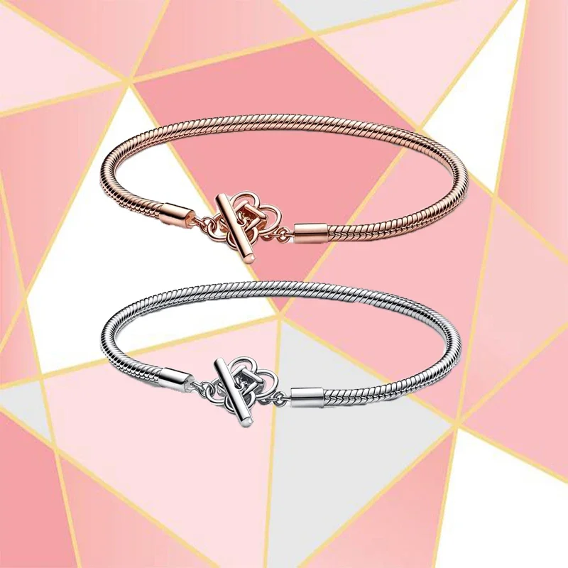 

2023 New 925 Silver Jewelry Spring Collection Peace Knot Silver Rose Gold Two-Tone T-Shape Snake Bracelet Girls Gifts