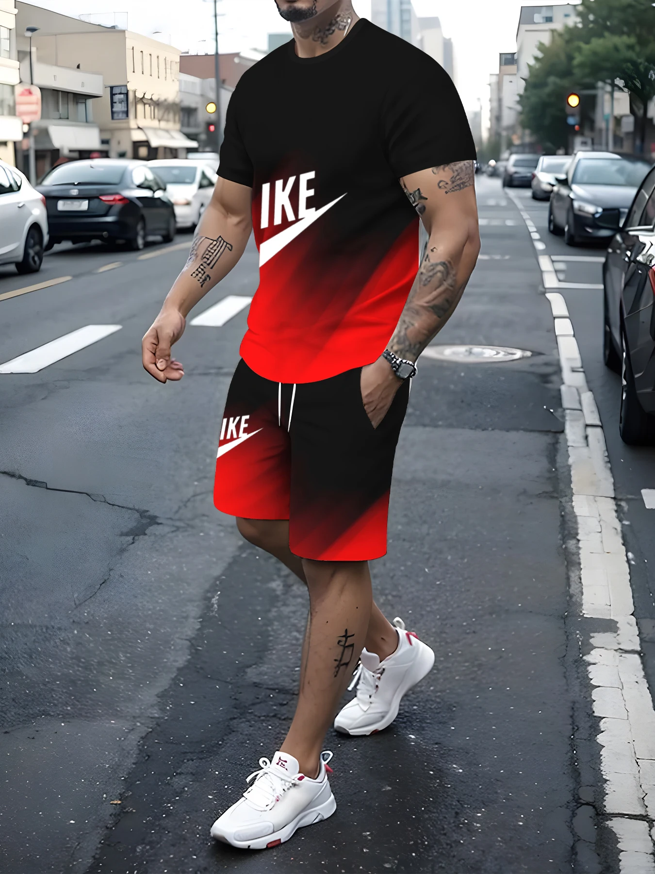 thumbnail image 1 of Conjunto de camiseta y pantalones cortos para hombre, ropa deportiva estampada, informal, a la moda, transpirable, de manga corta, verano 2024, 1 of 5