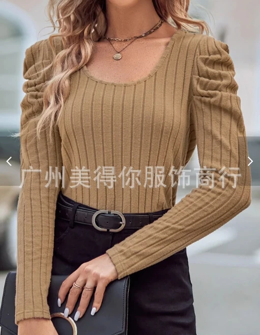 

Women's Puff Sleeve Top 2023 Spring and Autumn New Scoop Neck Casual Top Women Ruched Long Sleeve Skinny Fashion T-Shirt