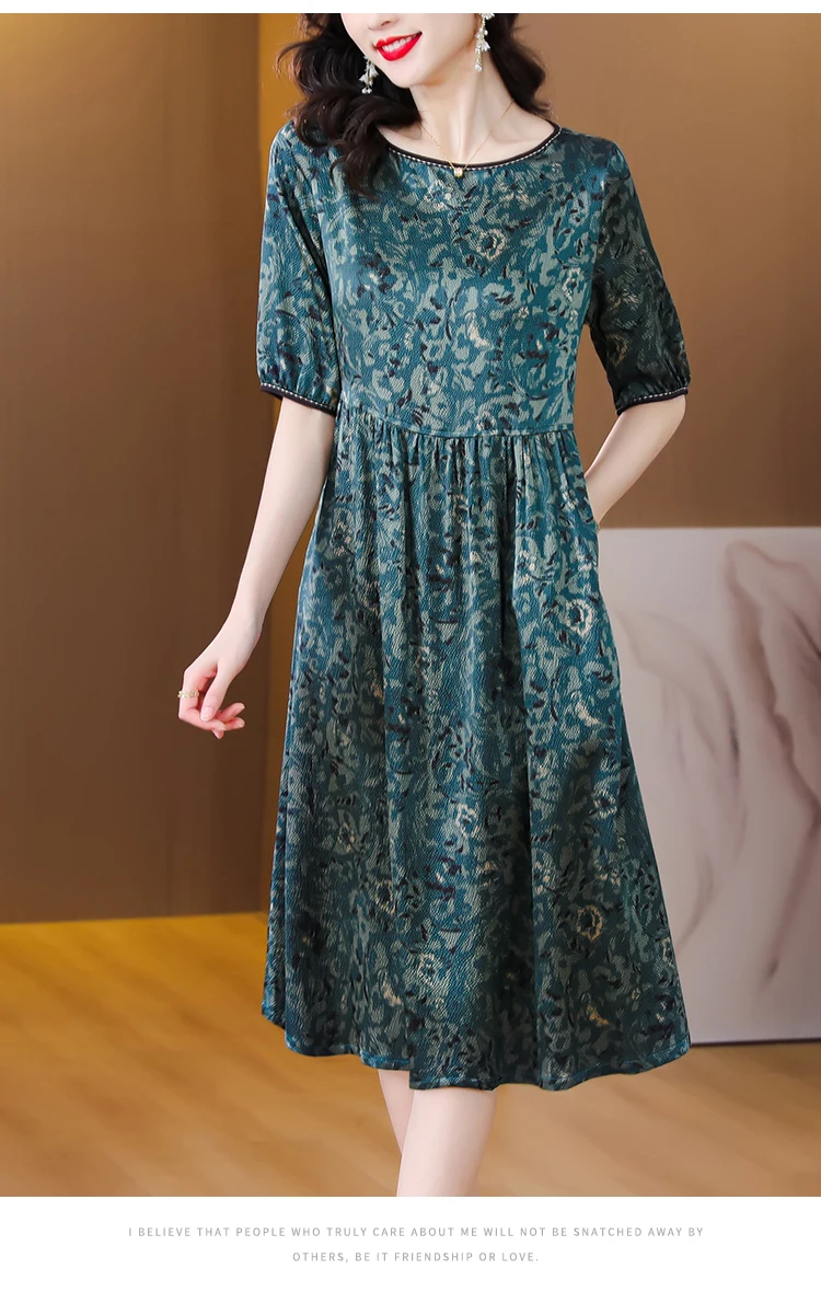 여성 녹색 인쇄 멀 베리 실크 미디 드레스 여름 한국 빈티지 캐주얼 파티 Vestidos 2024 새로운 우아한 느슨한 플러스 사이즈 드레스