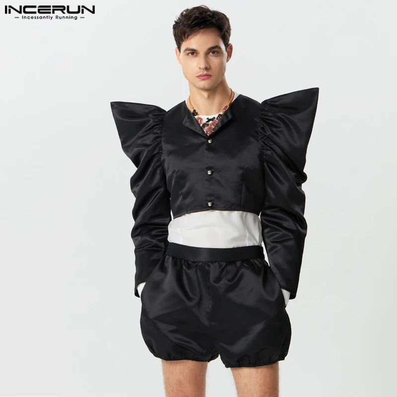 

INCERUN 2023, мужские комплекты в американском стиле, Топ с длинным рукавом и шорты, модная Клубная одежда, однотонные Необычные силуэты, комплект из двух предметов