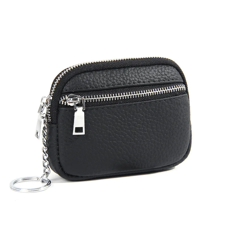 Genuine Leather Lady Coin Purse Keychain Mini Top Layer Cowhide Contrasting Zipper Small Wallet Women's Coin Storage Zero Wallet