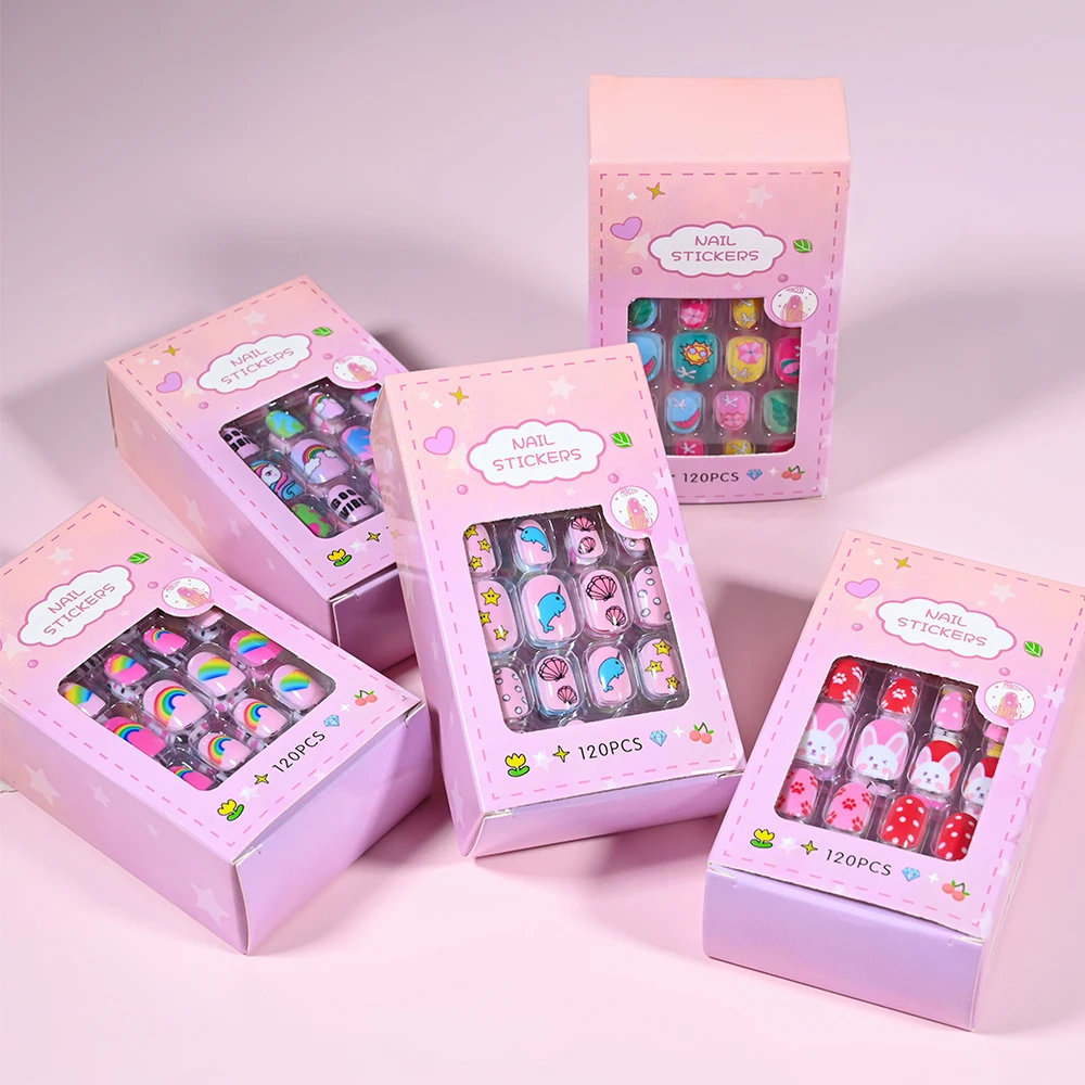120pcs/box Fake Nails Pink Cartoon Children Press On Candy Color Unicorn Cat Bunny Full Cover Girls Party Nail Decoration