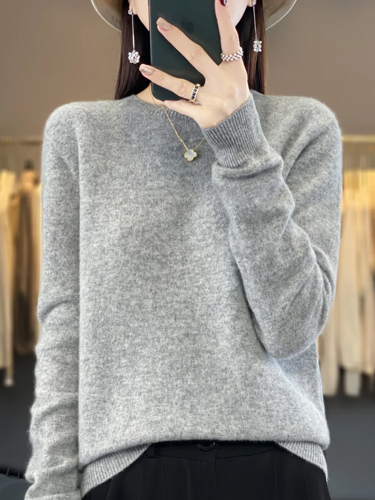 100% pure wool 2024 autumn and winter new cashmere sweater women's O-neck pullover fashion solid color long sleeve pullover. 4