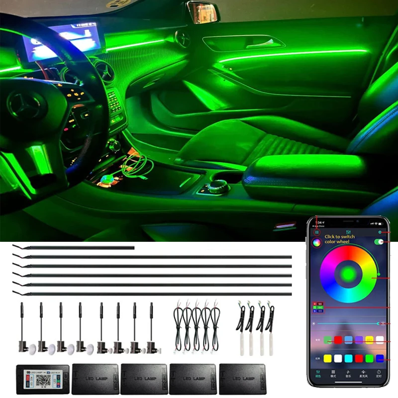 LED Car Lights LED Atmosphere Lamp LED Car Decorative Lights LED Car Decoration Lamp Car Ambient Lights LED Atmosphere Lighting LED Interior Lights Car Interior Lamp 10 in 1 18 in 1 64 Color RGB Car Atmosphere Interior LED Acrylic Fiber Optic Strip Universal Decoration Ambient Lights Bar 12V
