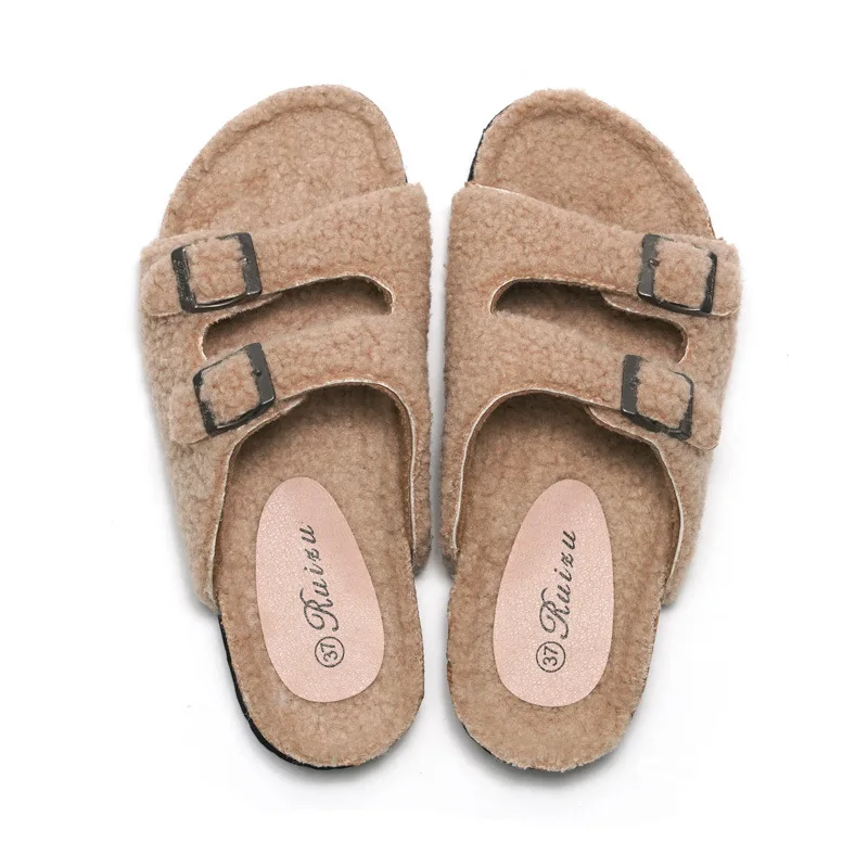 

Autumn Winter Women's Cork Slippers Lamb Velvet Men's Warm Slippers Outside Wear Leisure Indoor Ladies Shoes Luxury Sandals