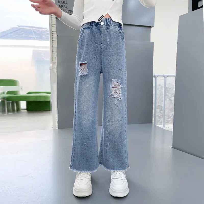 

Jeans For Girls Spring Fashion Hole Kids Ripped Pants Elastic Waist Children's Clothes For Teenage Korean Style Trousers 5-14Yrs