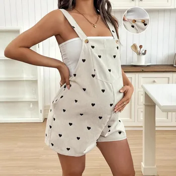Maternity Pregnant Women Overalls Heart Floral Print Adjustable Waist Shortalls Rompers Spring Summer Casual Pregnancy Clothing