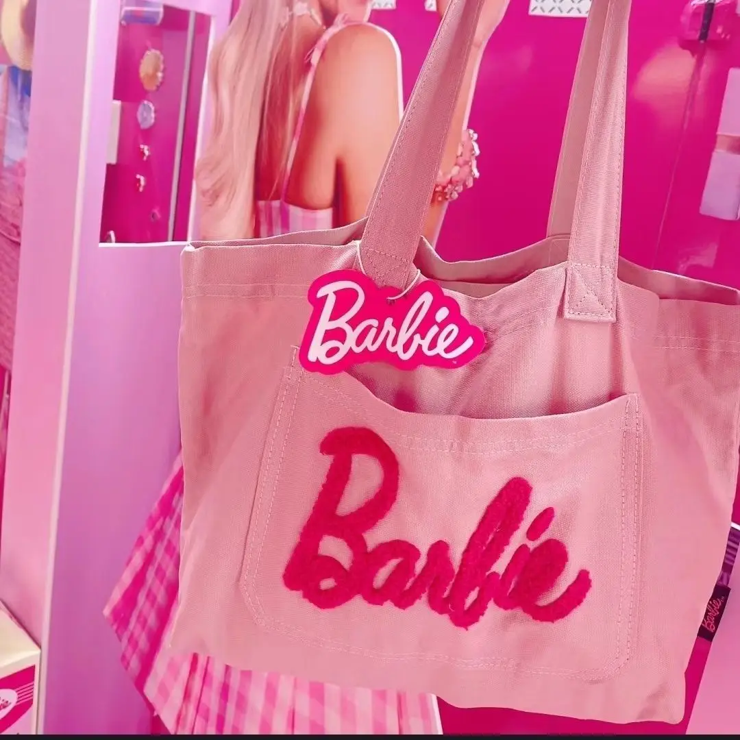 Miniso Barbie Canvas Bag Kawaii Anime Cartoon Pink Tote Bag Versatile Cute Shopping Bag Borsa Ricamata Girl Gift Toys Muslimah
