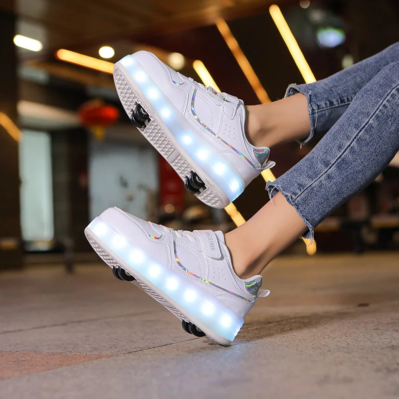Roller Skate Shoes - Kids LED Light Sneakers With Hook & Loop Closure