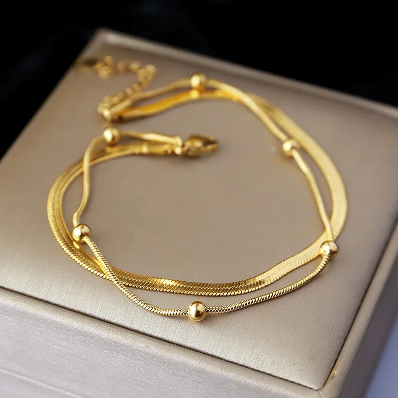 여자를위한 316L 스테인레스 스틸 골드 컬러 더블 레이어 Anklets 여자 새로운 트렌드 다리 체인 방수 보석 선물 파티