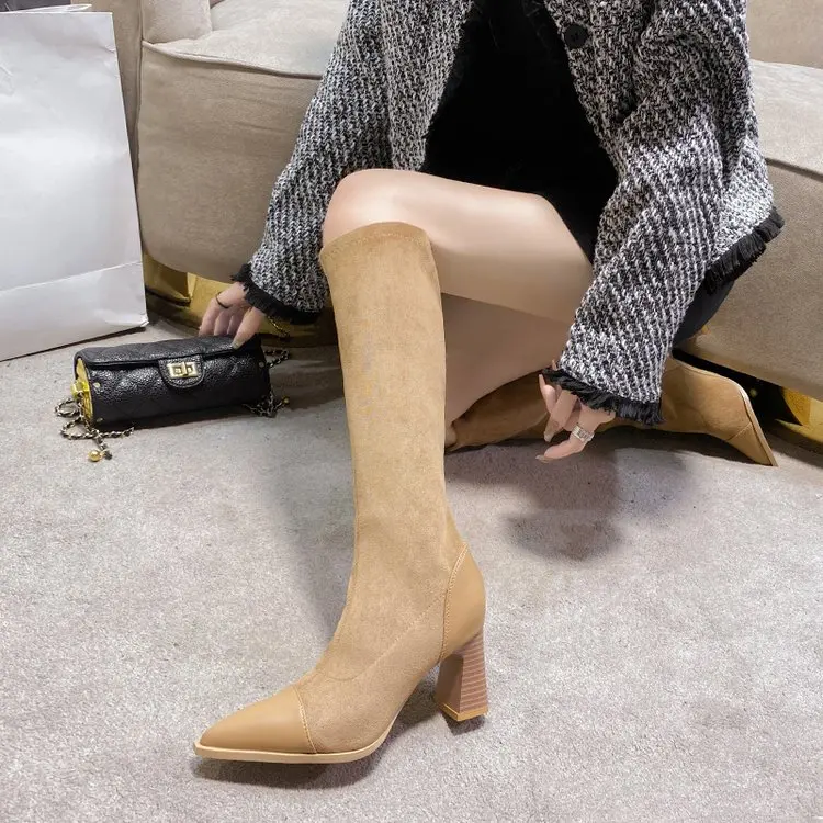 

Women Boots High Heels Shoes Boots-Women Winter Footwear Stiletto Rubber Over-the-Knee Autumn 2023 Pointy Ladies Flock Solid Ro