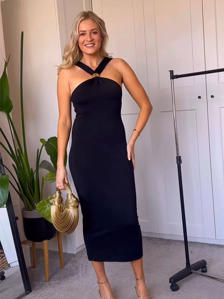 TFMLN Sexy Women Black Halter Collar Dresses 2025 Summer Sleeveless Slim Backless Party Dress Fashion Chic Causal Street Dress
