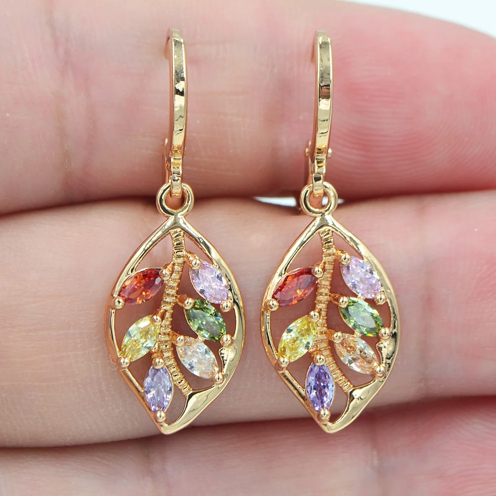 

AAA+ Cubic Zirconia Gold Color Fashion Attractive Women Multicolor CZ Leaf Dangle Earrings Jewelry