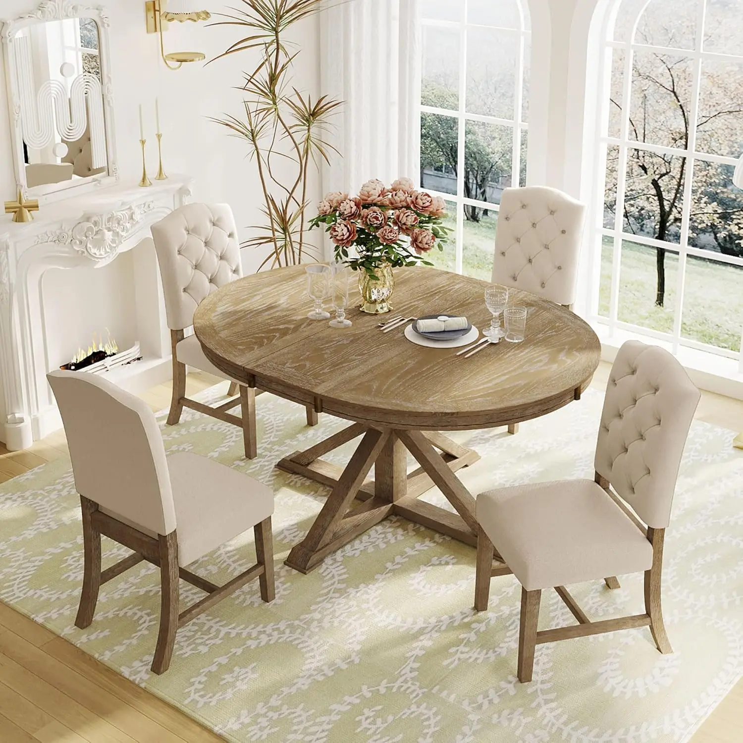 Solid Wood Table Extendable Dining Table 42"-54" Length X-Shaped Base Natural Wood Wash