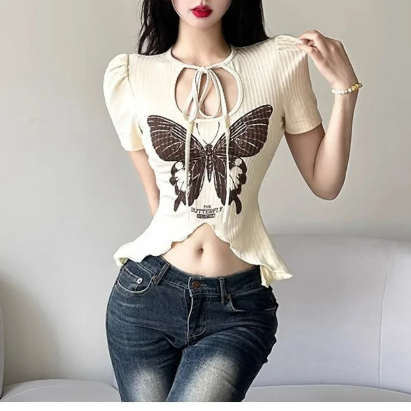 

Bandage Print Butterfly Slim Crop Top Short Sleeve Irregular Design Sense Tees Y2k Aesthetic Women Clothing 2024 Summer T-shirts