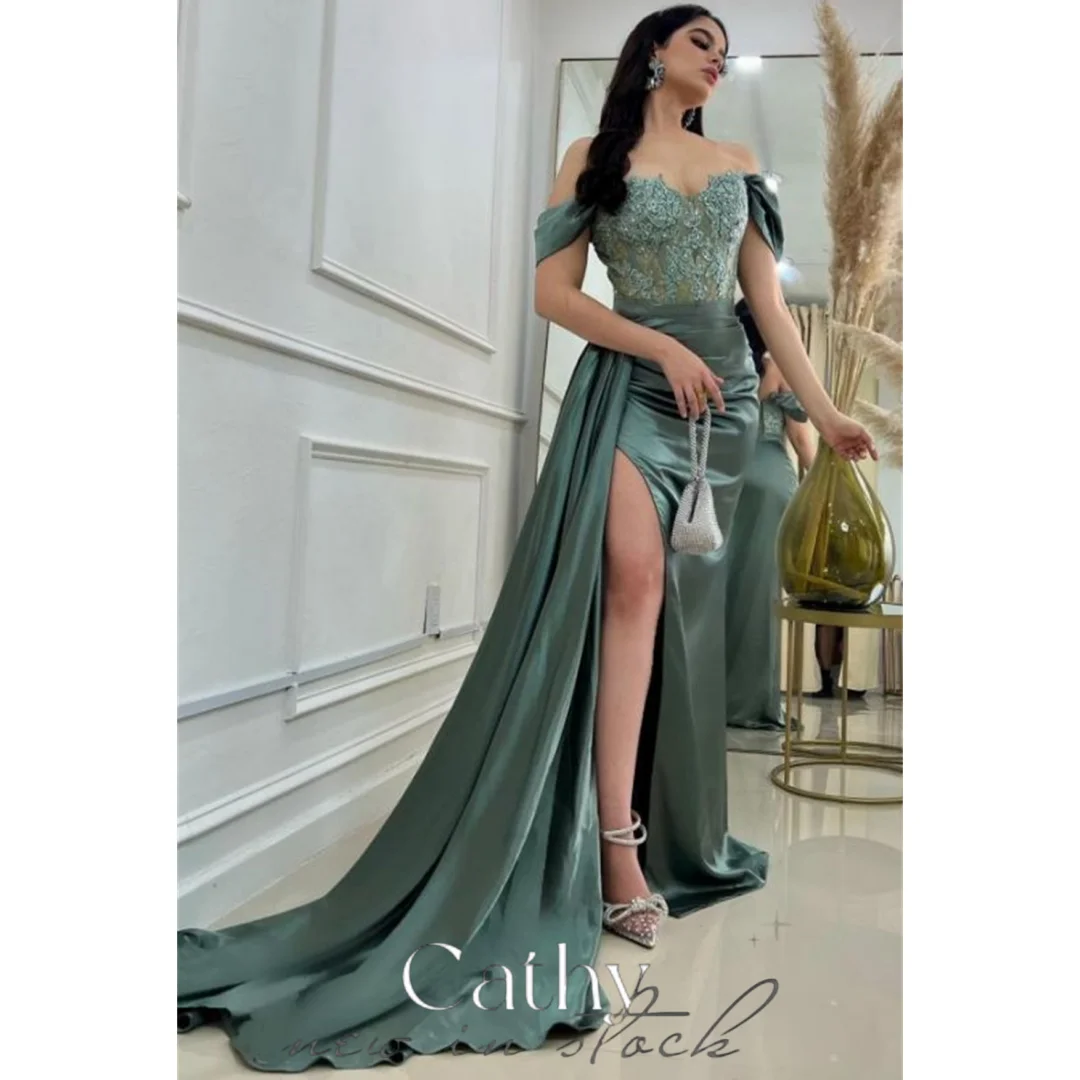 

Cathy Satin Trumpet Vestidos De Noche With Side Train Sexy Off Shouder Fishtail فساتين السهرة Short Sleeve Mermaid Prom Dress