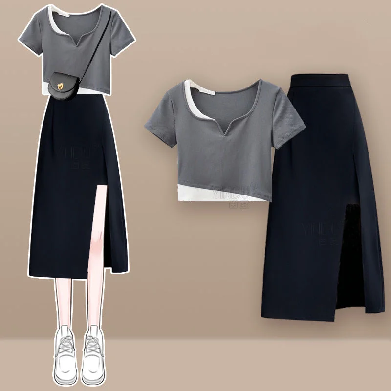 

Women's Clothing Suit 2023 Summer New Short Sleeve Top Panel Design Feels Slim High Waist Black Split Half Skirt Two Piece Set