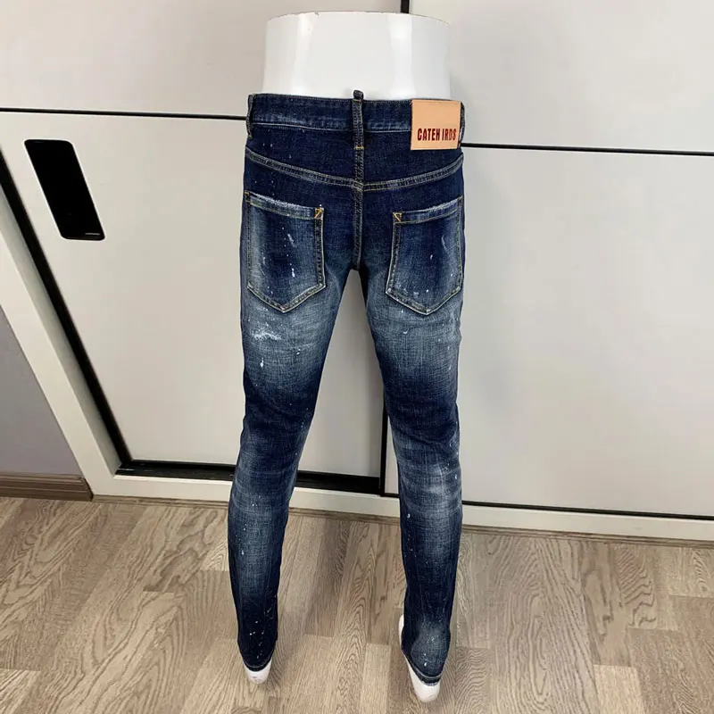 Streetwear Fashion Designer Men Jeans High Quality Retro Washed Blue Stretch Slim Fit Ripped Jeans Men Vintage Denim Brand Pants