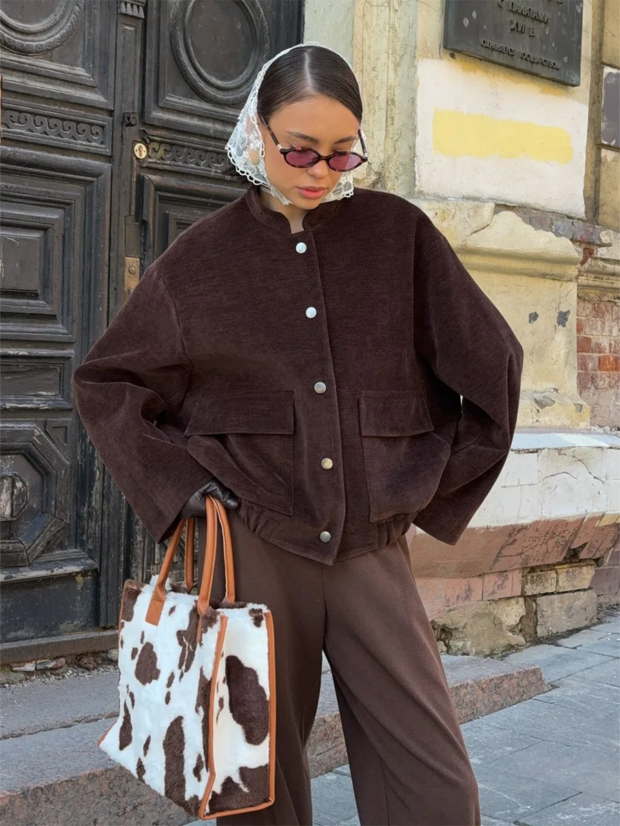 Bornladies Women's New Autumn 2025 Brown Corduroy Jacket Stand Collar Trendy Loose Fit Single - Breasted Long Sleeve Fashion