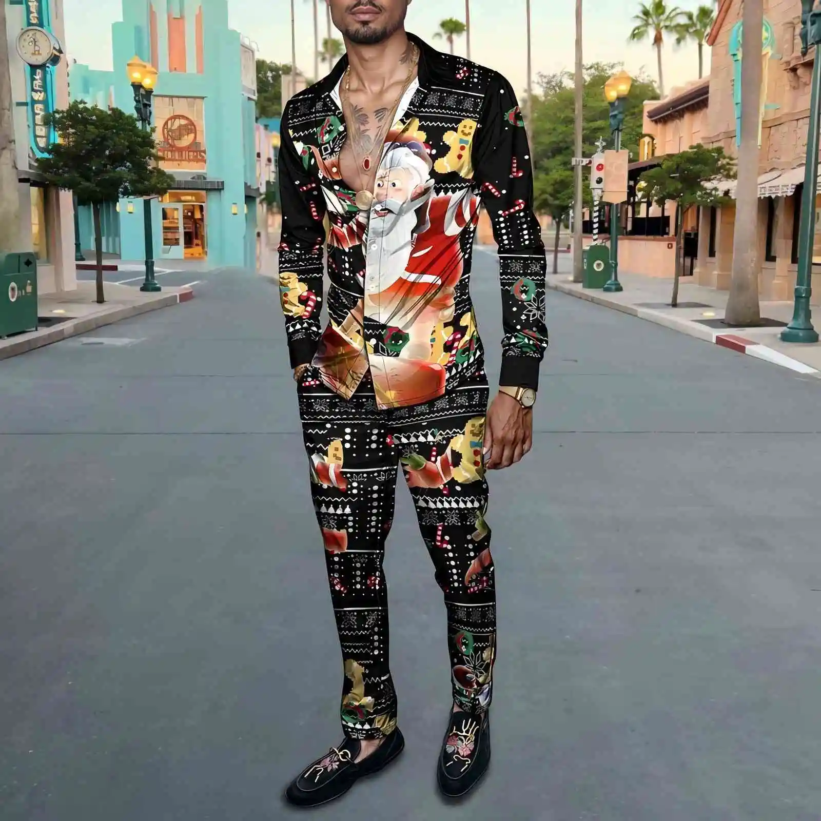 Christmas Printed Men's Shirt Set Two Piece Gingerbread Snowman_voghion.com