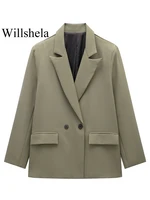 Willshela Women Fashion With Pockets Solid Double Breasted Blazer Vintage Long Sleeves Notched Neck Female Office Lady Outfits - Image 3