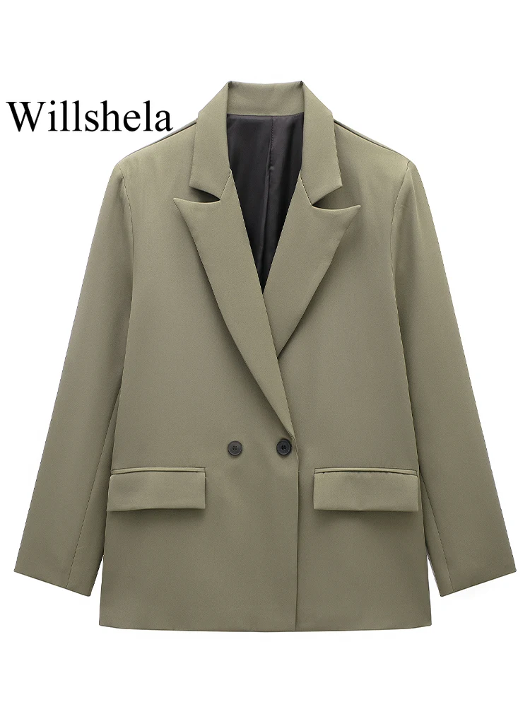 Willshela Women Fashion With Pockets Solid Double Breasted Blazer Vintage Long Sleeves Notched Neck Female Office Lady Outfits 3