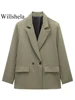 Willshela Women Fashion With Pockets Solid Double Breasted Blazer Vintage Long Sleeves Notched Neck Female Office Lady Outfits 3