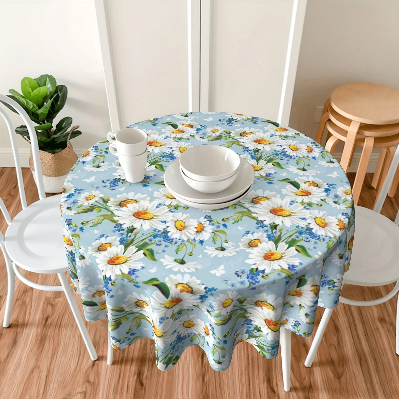 

White Blue Watercolor Daisy Flower Print Home Living Room Kitchen Dustproof Round Tablecloth Outdoor Holiday Dinner Decoration